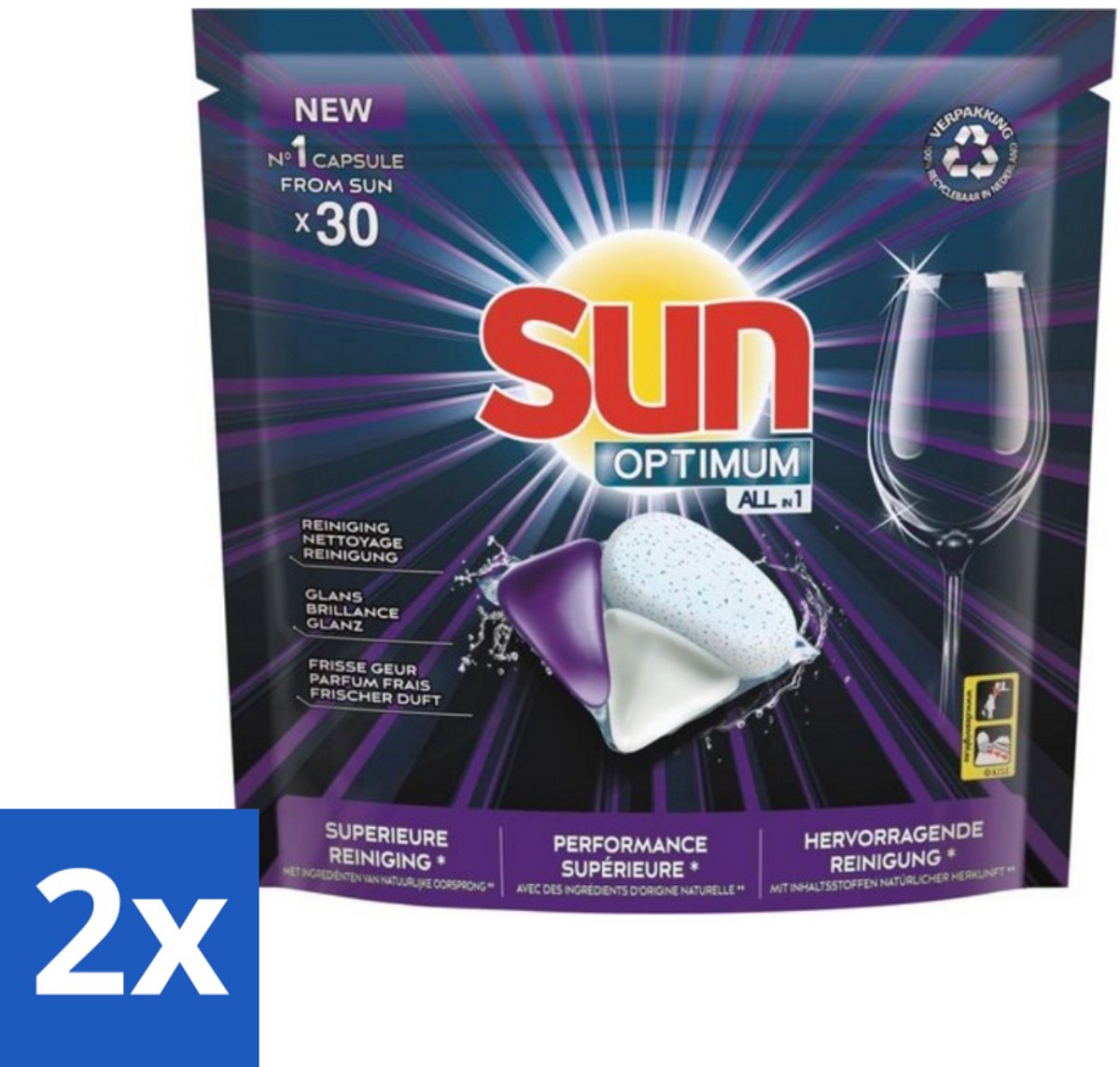 2 x Sun Optimum - All-in-1 - Vaatwasmiddel - Capsules - Maandbox - 30 Capsules - Vaatwasmiddel Capsules - Vaatwasser Capsules - Vaatwasmiddel All-in-1 - Vaatwasser Schoonmaak - Hardnekkige Vlekken