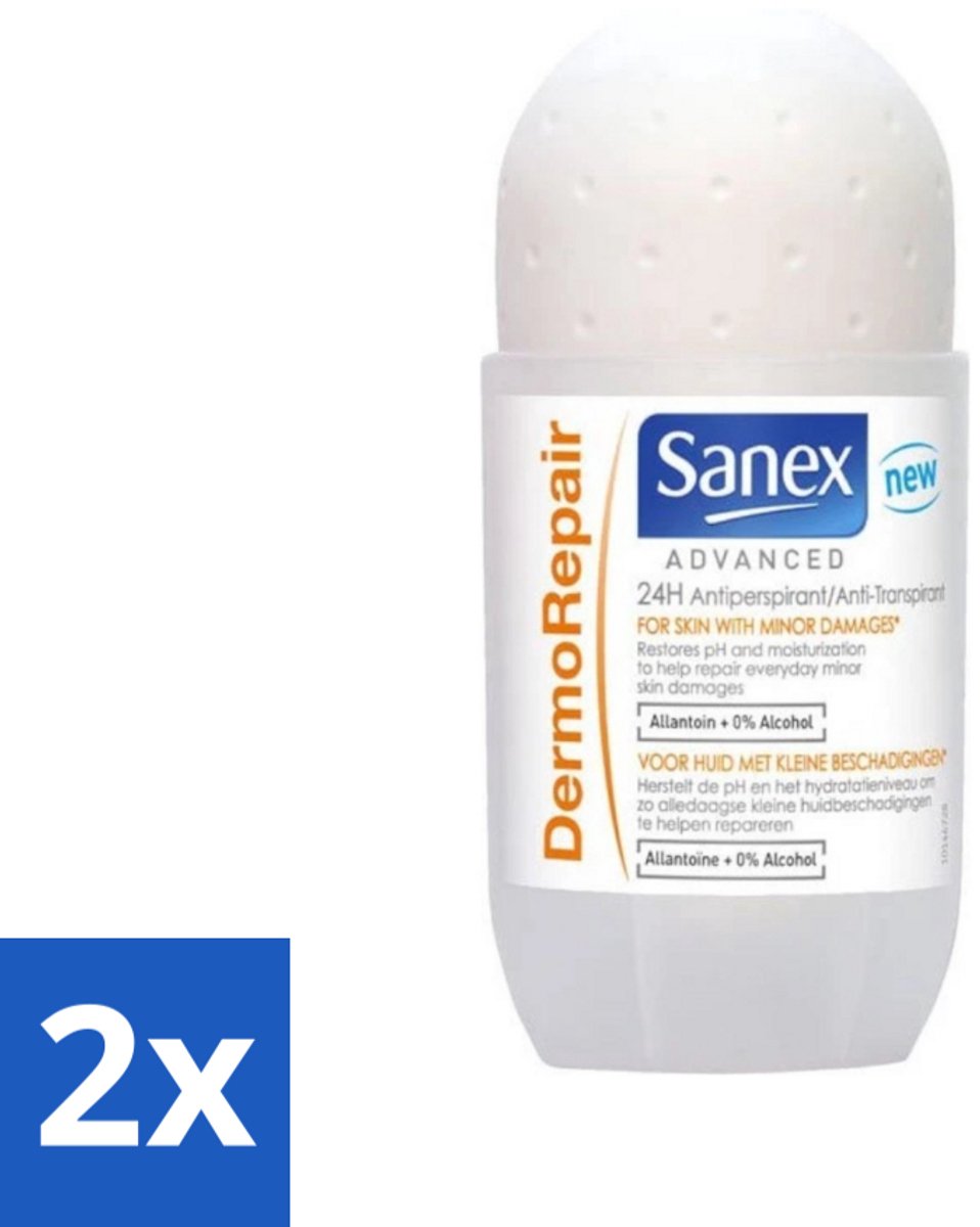 2 x Sanex Advanced - Dermo Repair - Deodorant Roller - 24h Anti-Transpirant - 0% Alcohol - 50 ml - 24 Uur Deodorant - Anti-transpirant - Huidherstellende Deodorant - Sanex Advanced Dermo Repair - Deodorant Roller