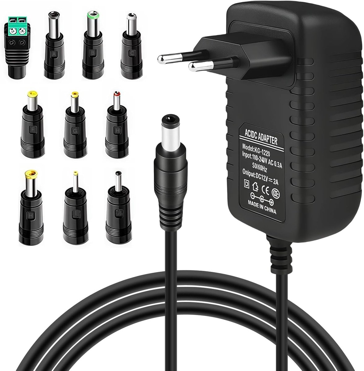 Universele 12V Voeding met 10 Stekkers, AC Adapter 100-240V voor LED Strips, CCTV Camera en WLAN Router, 2A Laadkabel voor Diverse Toepassingen