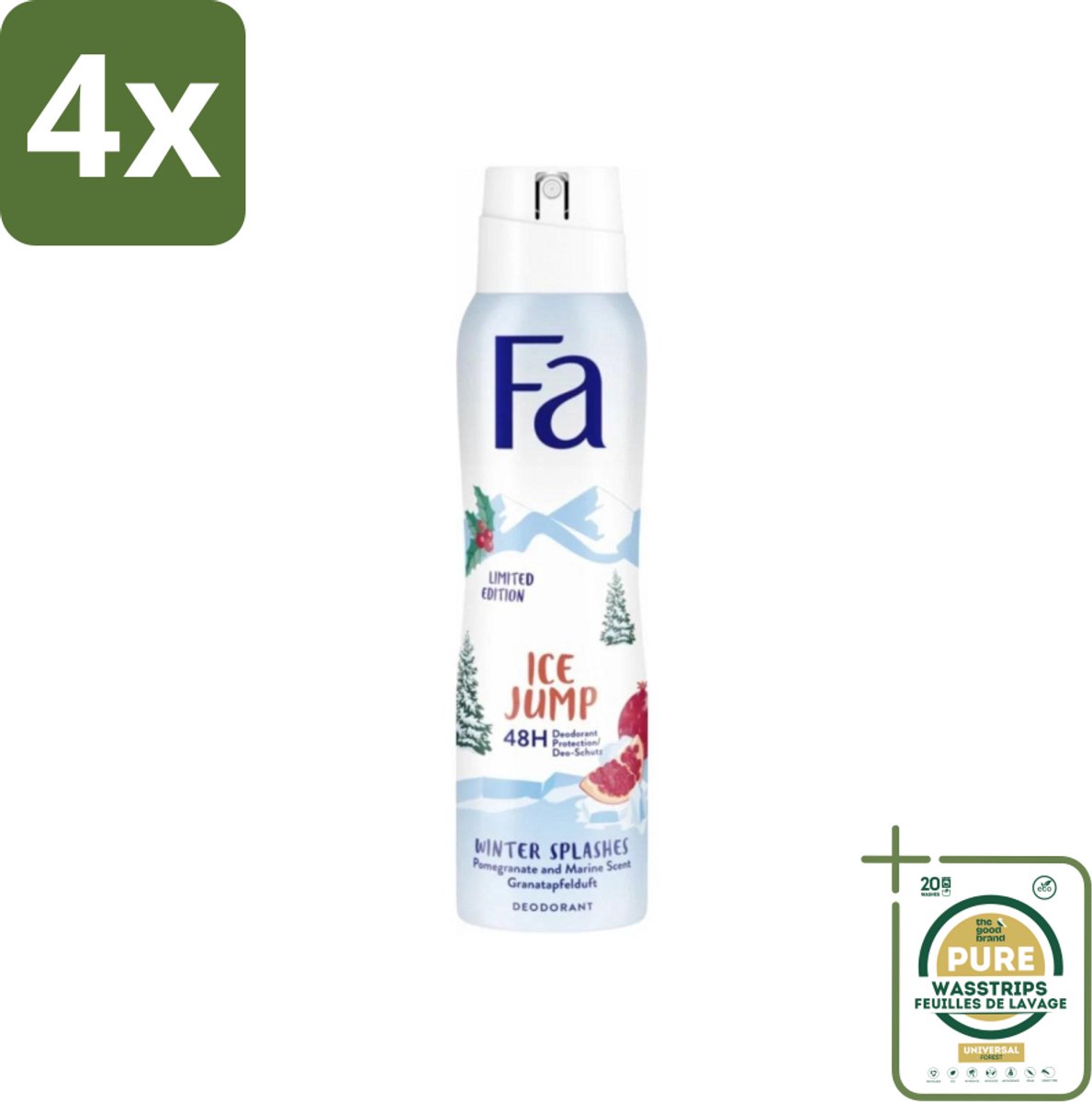 Fa - Deodorant Spray - Winter Splashes Ice Jump - Koel - 48 uur Bescherming - 150 ml - Voordeelverpakking - 4 stuks - 48 uur bescherming - Koel
