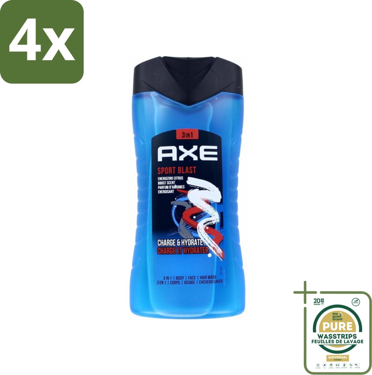 Axe - 3-in-1 Douchegel - Sport Blast - Energizing Citrus - Hydraterend - 250 ml - Voordeelverpakking - 4 stuks - Hydraterende douchegel - Frisheid na training