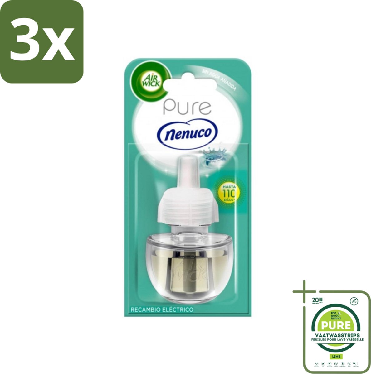 3 x Air Wick - Luchtverfrisser Navulling - Pure Nenuco - Elektrische Geurverspreider - 19 ml - Grootverpakking - Nenuco Geur - Air Wick Geurverspreider - Navulling - Elektrische Geurverspreider - Essentiële Oliën