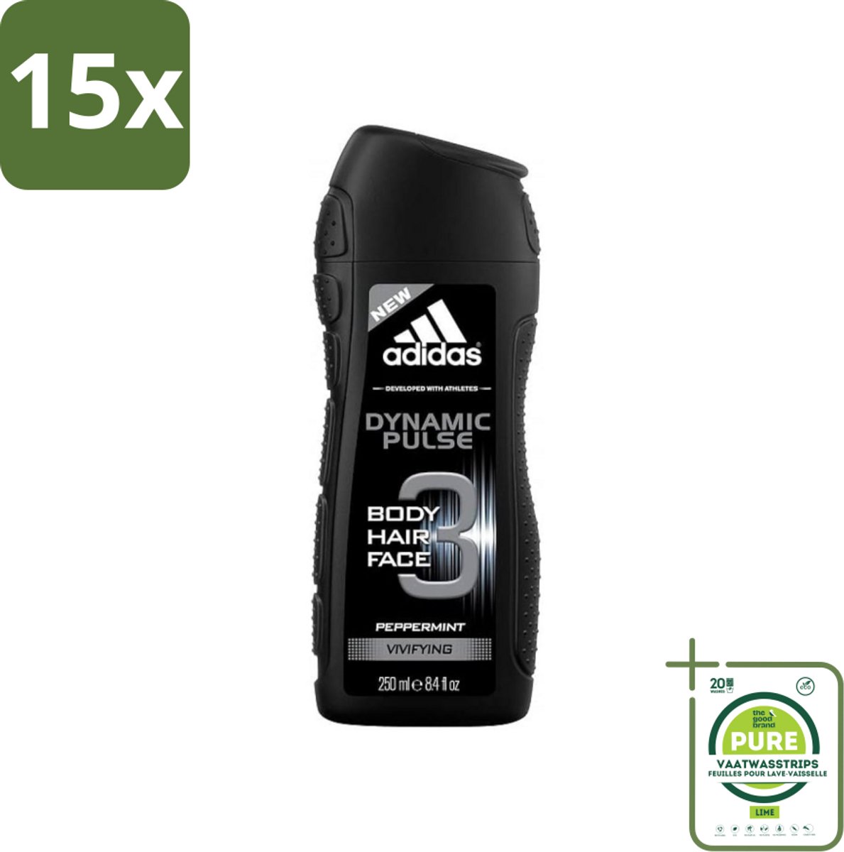 15 x Adidas - 3-in-1 Douchegel - Dynamic Pulse - Pepermunt - Vivifying - 250 ml - Grootverpakking - Douchegel - 3-in-1 - Lichaam - Gezicht - Haar