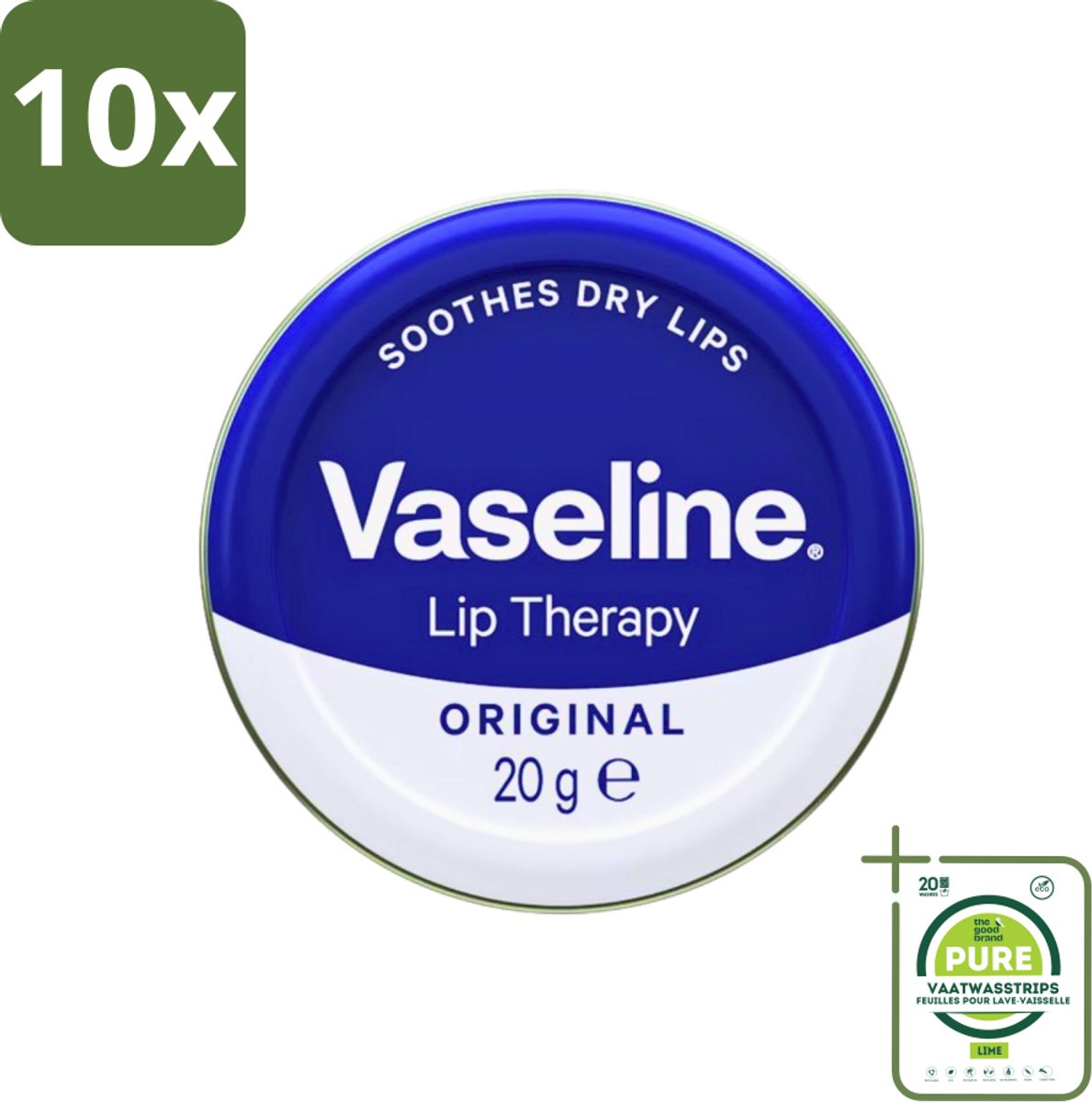 10 x Vaseline - Original - Lip Therapy - Beschermend - 20 g - Grootverpakking - Lippenbalsem - Lippenbescherming - Vocht Vasthouden - Droge Lippen Verzachten - Uitdroging Voorkomen