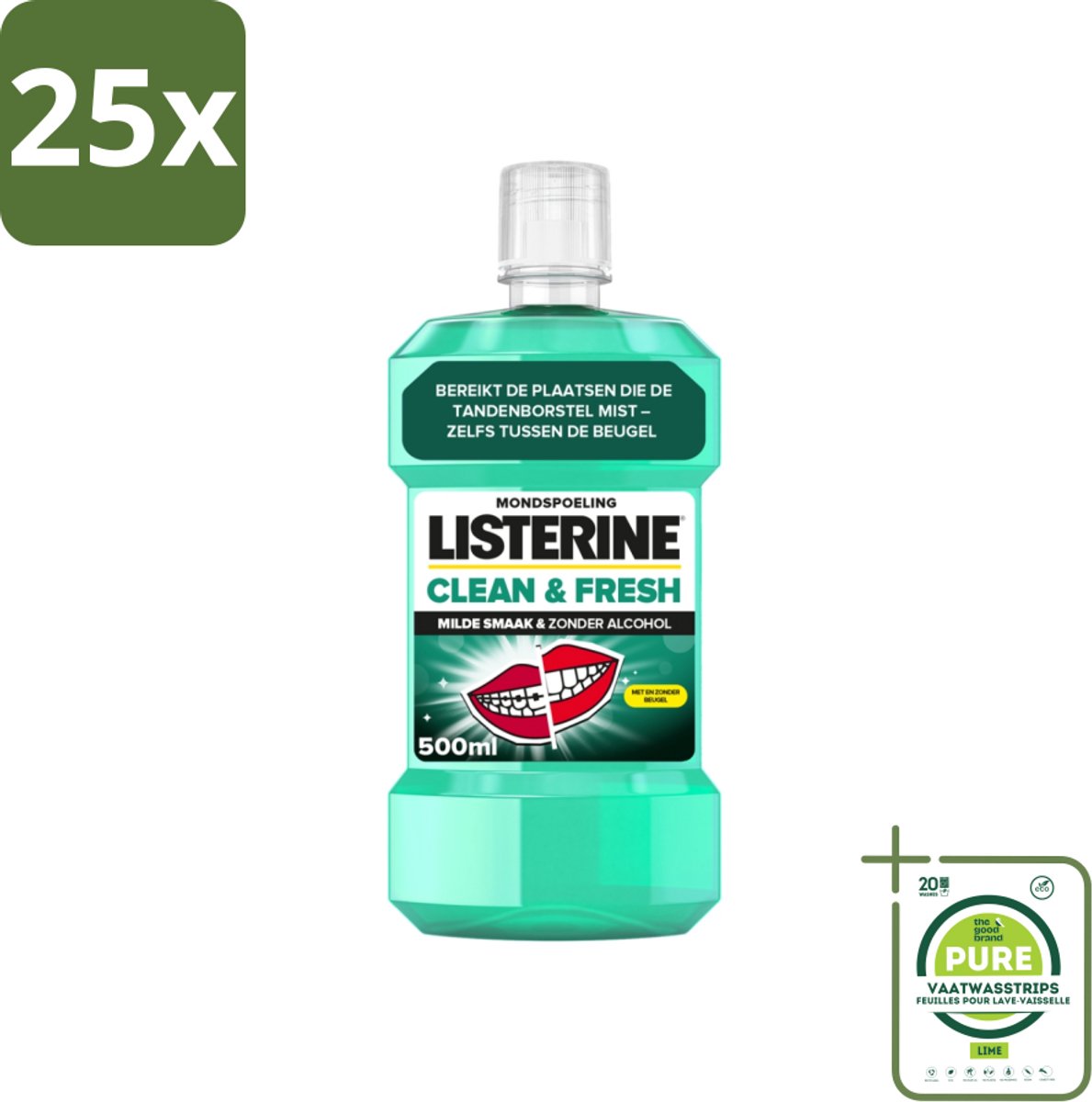 25 x Listerine - Mondwater - Clean & Fresh - Zonder Alcohol - 500 ml - Grootverpakking - Mondspoeling - Mondwater - Tandplak - Bacteriën - Beugel