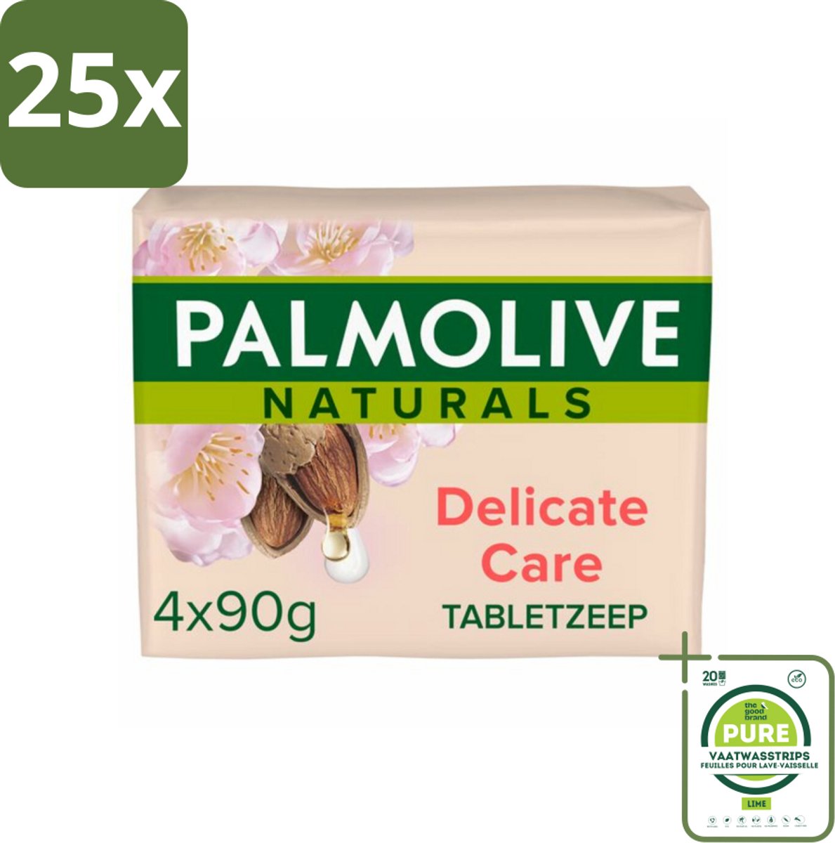 25 x Palmolive Tabletzeep Naturals Amandel Melk 4x 90 gr - Grootverpakking - Huidverzorging - Natuurlijke Toiletzeep - Milde Toiletzeep - Gevoelige Huid - Hydraterende Toiletzeep