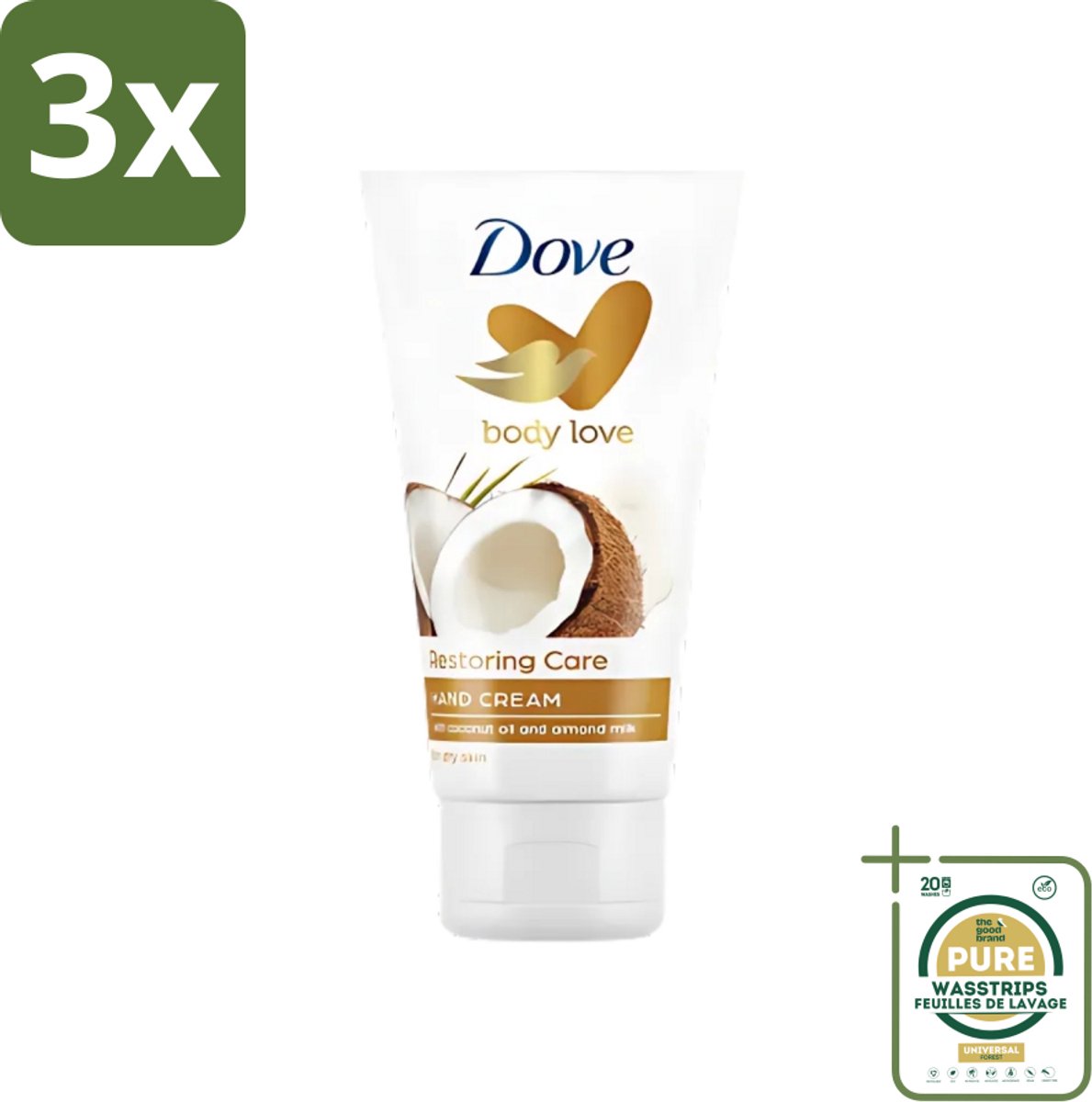 3 x Dove - Handcrème - Body Love Restoring Care - Kokos & Almond - Hydraterend - Droge huid - 75 g - Grootverpakking - Handcrème - Droge Huid - Hydraterende Crème - Kokos En Amandel - Huidverzorging