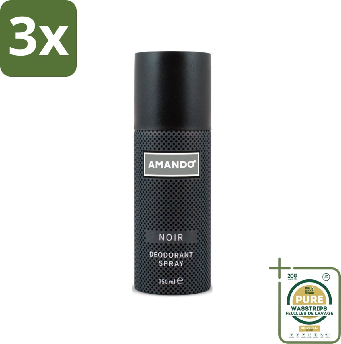 3 x Amando - Noir - Deodorant - Spray - 150 ml - Grootverpakking - Amando Noir Deodorant Spray - Deodorant Spray Voor Mannen - Klassieke Geur - Langdurige Bescherming - Mannelijke Geur