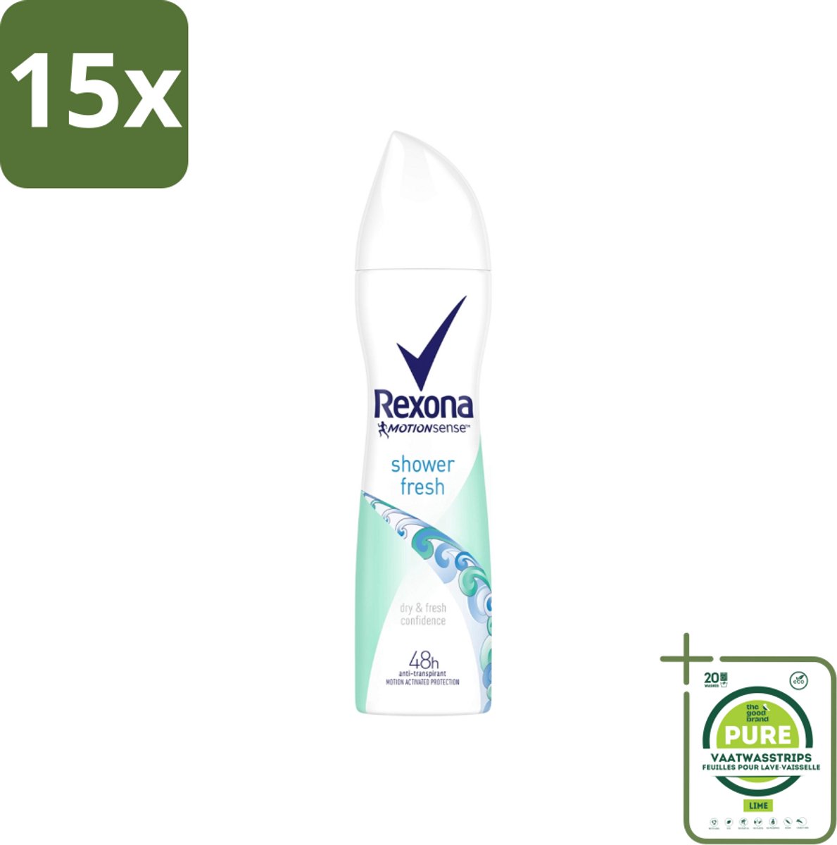 15 x Rexona - Shower Fresh - Deodorant Spray - Anti-transpirant - 150 ml - Grootverpakking - Rexona Shower Fresh - Deodorant Spray - Anti-transpirant - 48 Uur Bescherming - MotionSense™