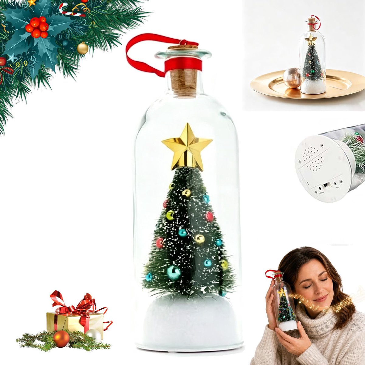 Namajunas - Kerstboom Glas Boodschapfles - Opneembaar - Sound Audio Souvenir - Kurkschakelaar voor Afspelen - Geluidsrecorder - Kerstdecoratie voor Binnen - Kerstversiering - Decoratie voor Huis - Creatief Cadeau - Cadeaus voor Kerst