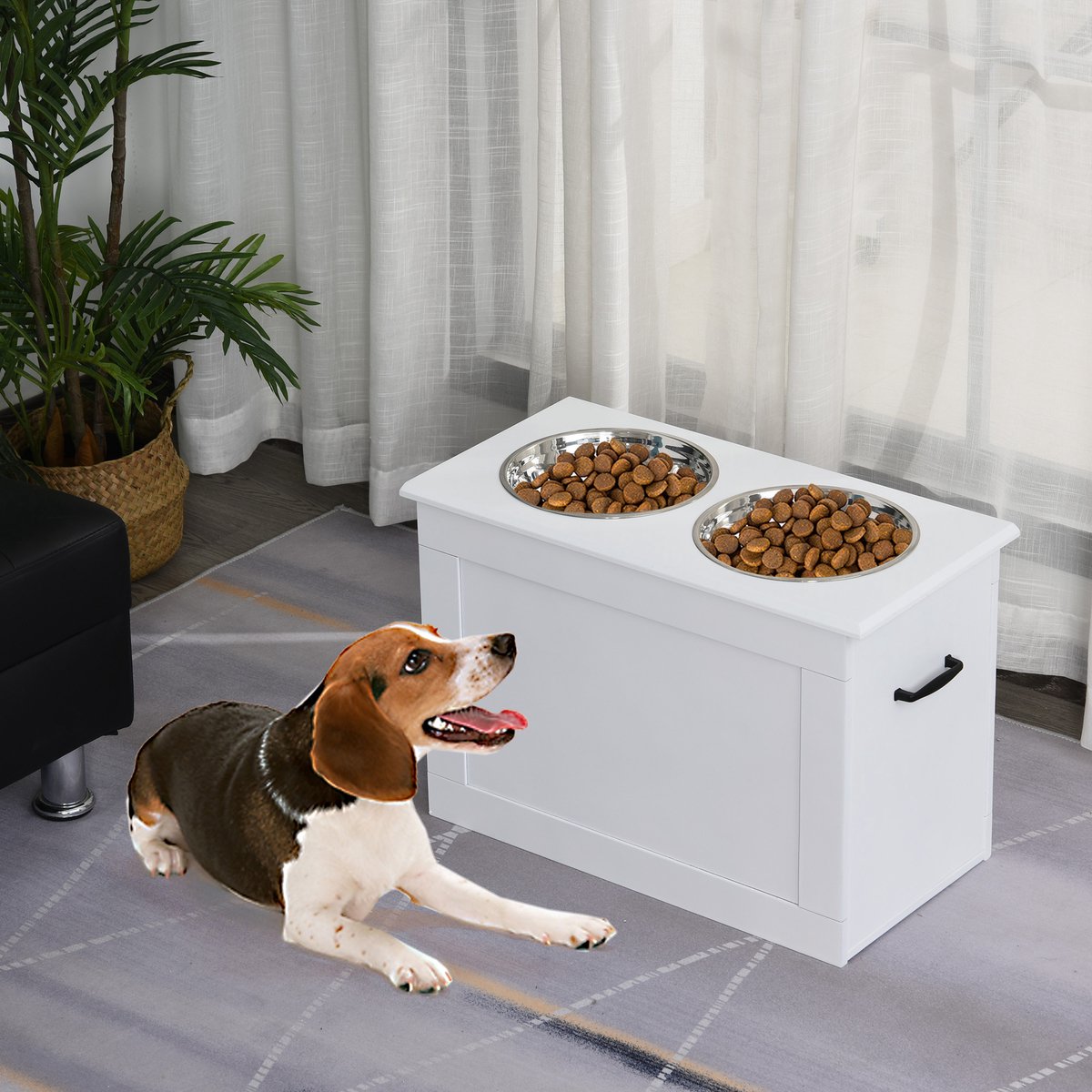 TEKROA® Voerbak - Verhoogde hondenvoerbakken met opbergruimte - twee roestvrijstalen kommen - verhoogde voet - 41H x 60L x 30Wcm - wit