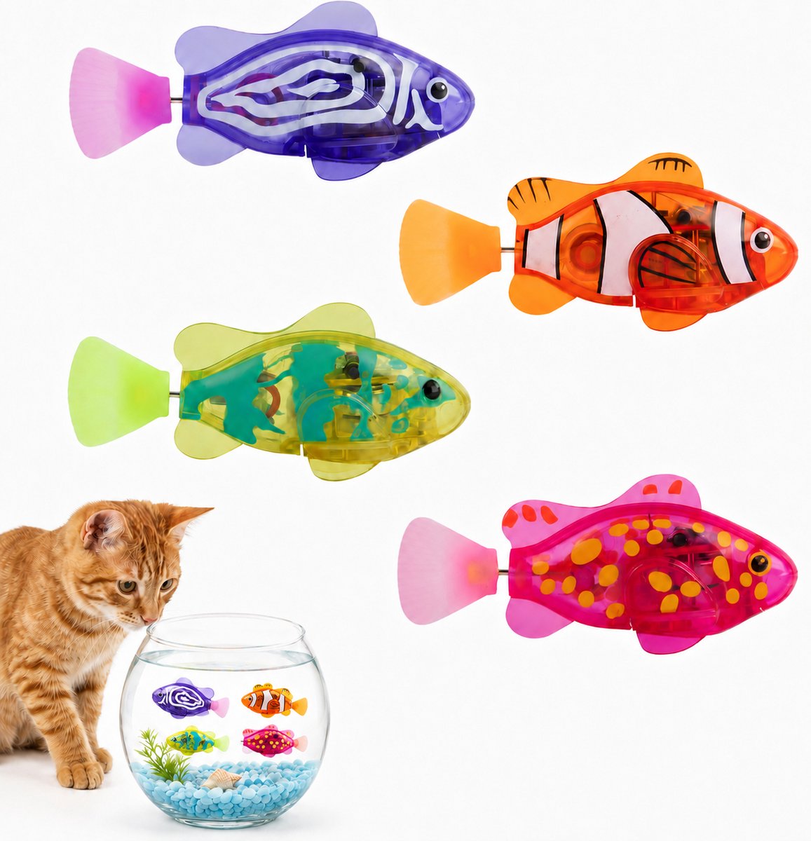 Lichtgevende Vis Kattenspeelgoed 4 Stuks - Lichtgevende Zwemmende Visjes met Watersensor - Interactief Speelgoed voor Katten