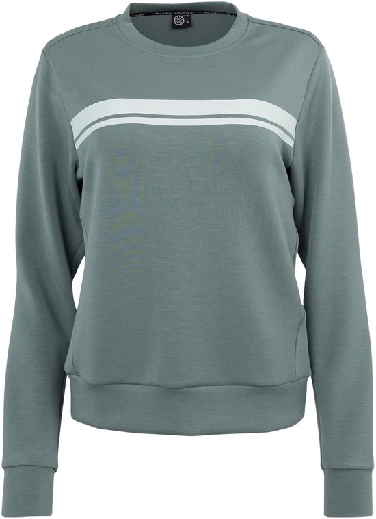 Donkergroene sweater van The Indian Maharadja met twee witte horizontale strepen op de borst, van voren gezien.