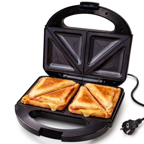 Zwart tosti-apparaat met 4 tosti's erin, op een witte achtergrond.