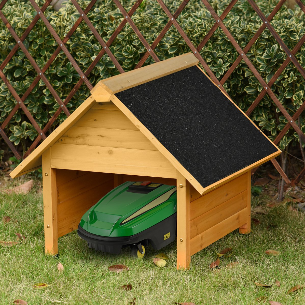 REDOM - Schuur voor robotmaaier - Bescherming tegen zon en regen - Puntdak met bitumen dakvilt - Verhoogde houten poten - Tuin - Hout - Geel - 75 x 76 x 70 cm
