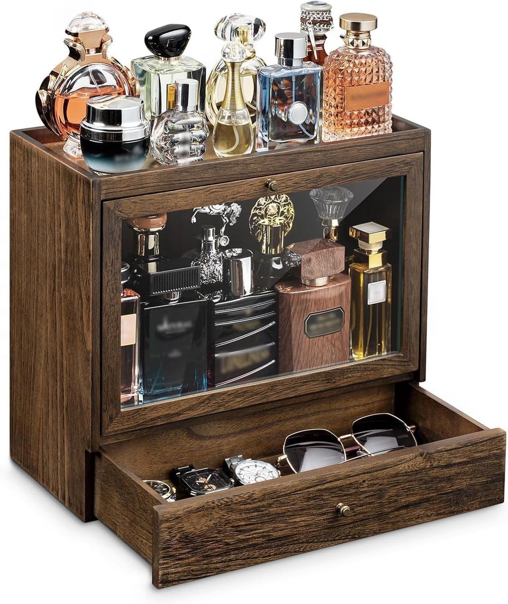 Houten Opbergrek voor Mannen - Ruimtebesparende Parfum Organizer met Lades en Stofbescherming, Perfect als Cadeau voor Hem