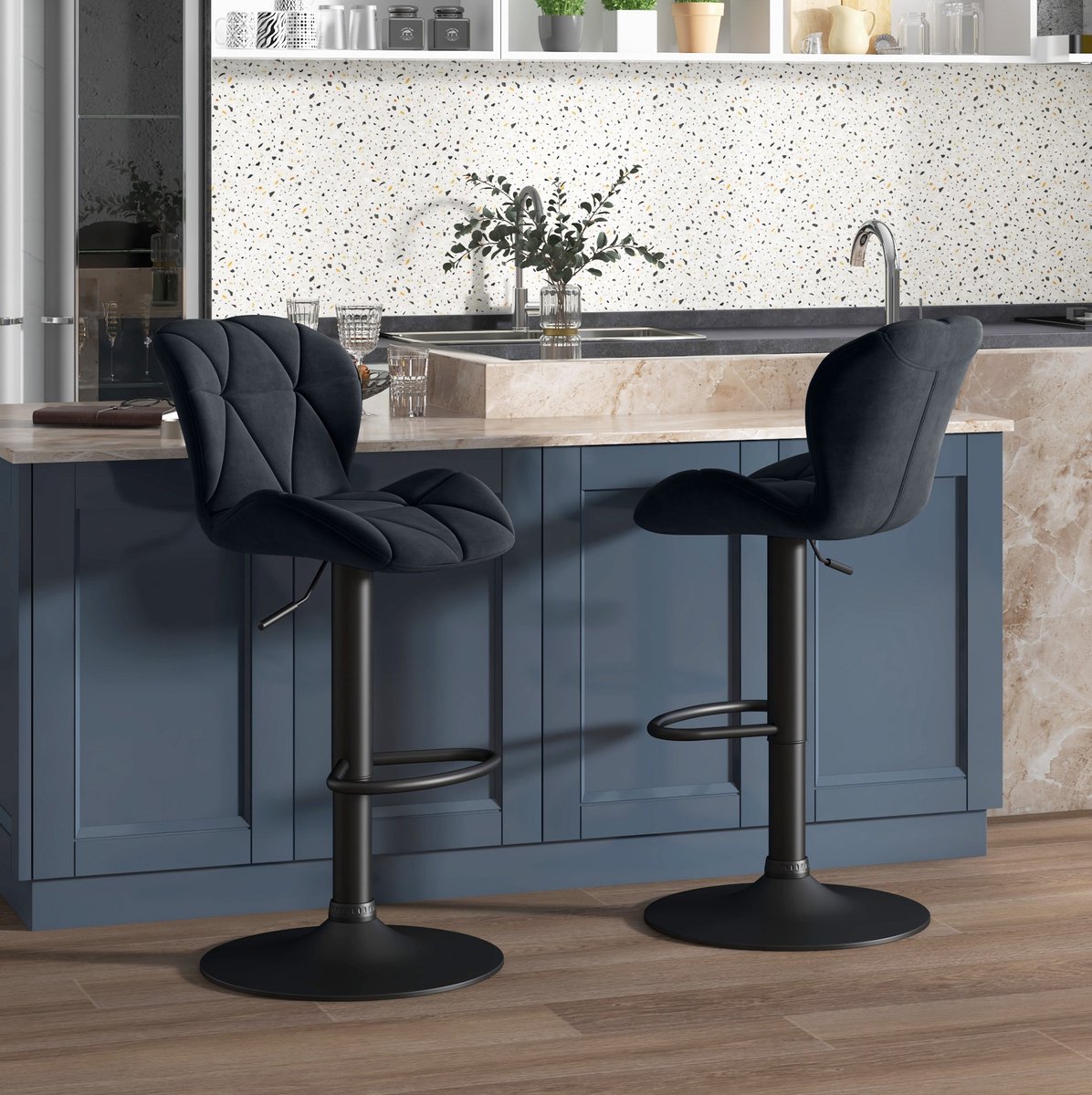 REDOM - Barkruk set van 2 - Draaibare zitting - Hoogte instelbaar - Met rugleuning - Zonder armleuningen - Modern - Bar - Velvet - Zwart - 51,5 x 57,5 x 93-114,5 cm
