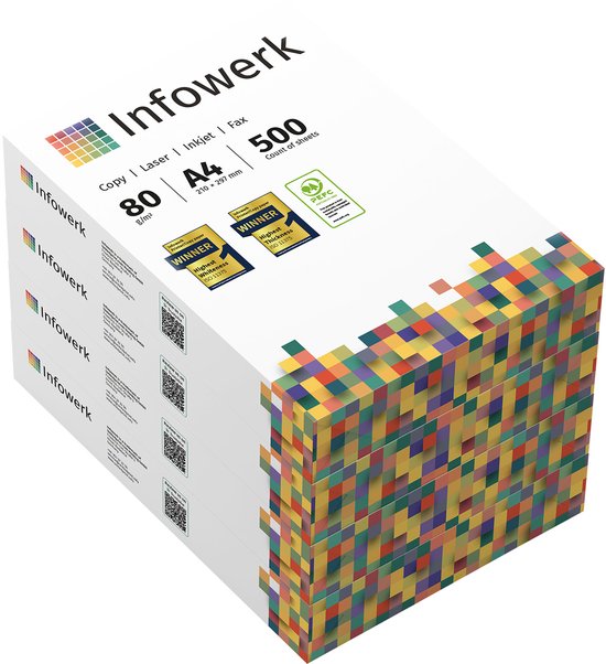 Pak van 500 vellen A4 Infowerk 80g/m² kopieerpapier, wit, met kleurrijke pixelafbeelding.