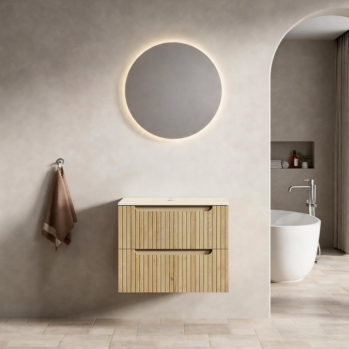 OKWISH Badkamerkast - Wastafelonderkast Zonder Wastafel - 60 x 46 x 48 cm - 2 Lades - Wandhangend - Sintersteen Blad - Hout Licht Eiken