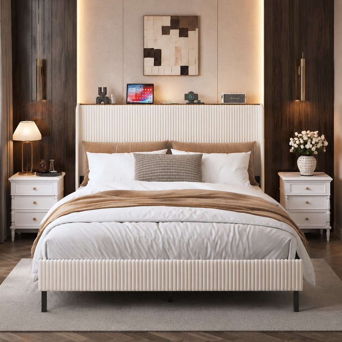 Wishdor Tweepersoonsbed 160x200 cm - Gestoffeerd platformbed - Vleugelhoofdbord en kanaalstiksel - Klassiek design - Slaapkamer - Stof en metaal - Beige en crème