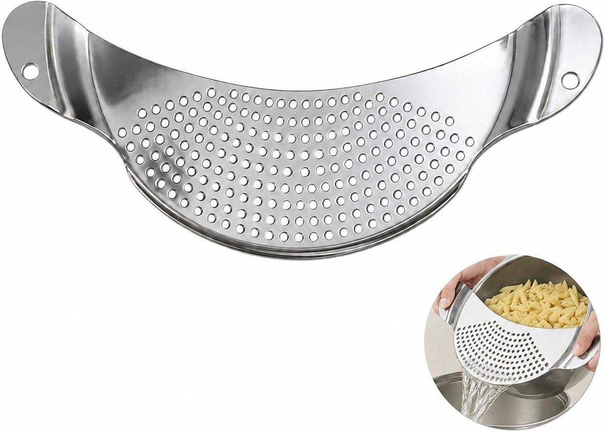Halfmaan afdruiprek van roestvrij staal, microgeperforeerde zeef voor pasta, fruit en groenten, vaatwasmachinebestendig, duurzaam en gebruiksvriendelijk