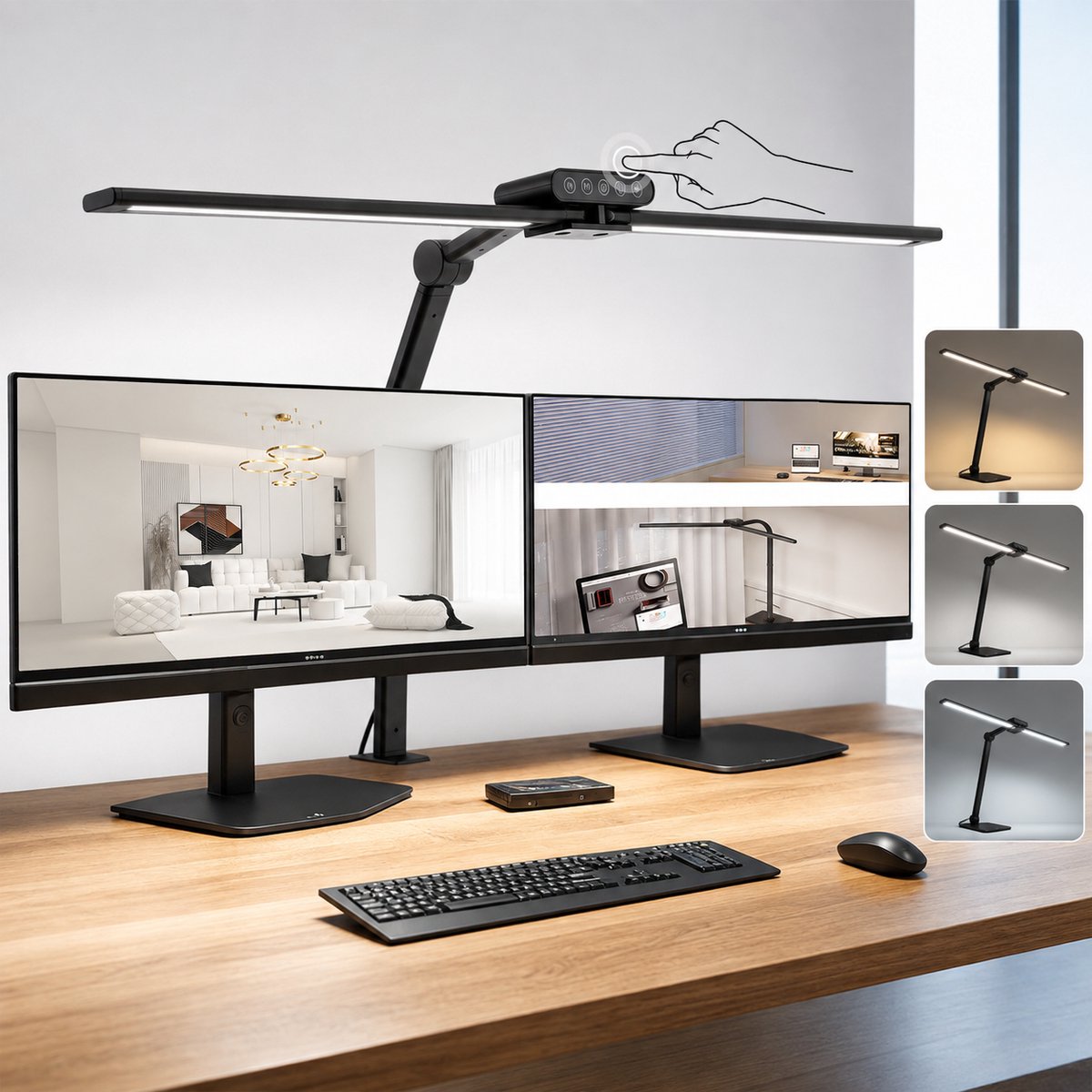 MUPOO Bureaulamp LED met Klem Touchbediening- Dimbare Werklamp met 2 Verstelbare Lampkoppen - Monitor Lamp met 10 Helderheidsstanden & 5 Lichtkleuren - Automatische Lichtsensor - 30 Min Timer - hobbylamp voor Groot Bureau en Thuiswerk - Zwart