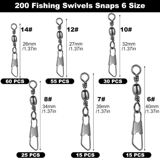 100 stuks metalen visswivels en clips in diverse maten 6# 7# 8# 10# 12# 14# voor optimale visresultaten — afbeelding 5