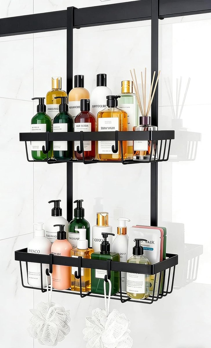 Hanging Black Shower Shelf zonder Boren voor Badkamer - Organiser met 2 Mandjes en 8 Haken voor Badkamer, Keuken en Balkon