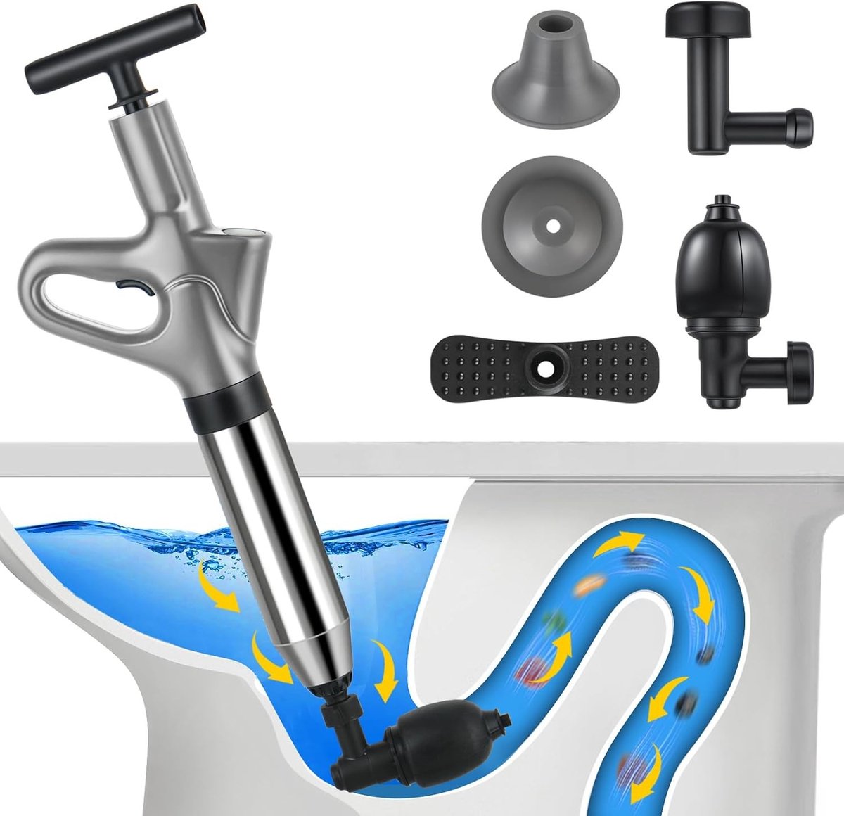 Krachtige afvoerreiniger met vier zuignappen voor wasbak, vloerafvoer en toilet, ideaal voor het verhelpen van verstoppingen en het reinigen van leidingen.