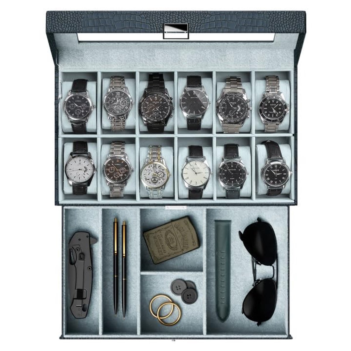 Elzusha - Luxe Horloge Doos met 12 Compartimenten en Glazen Deksel