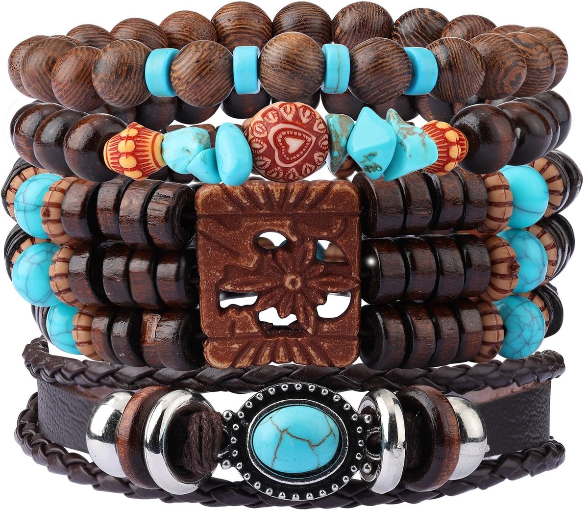Elzusha - Set van 5 Houten Rekbare Armbanden voor Meditatie en Gebed