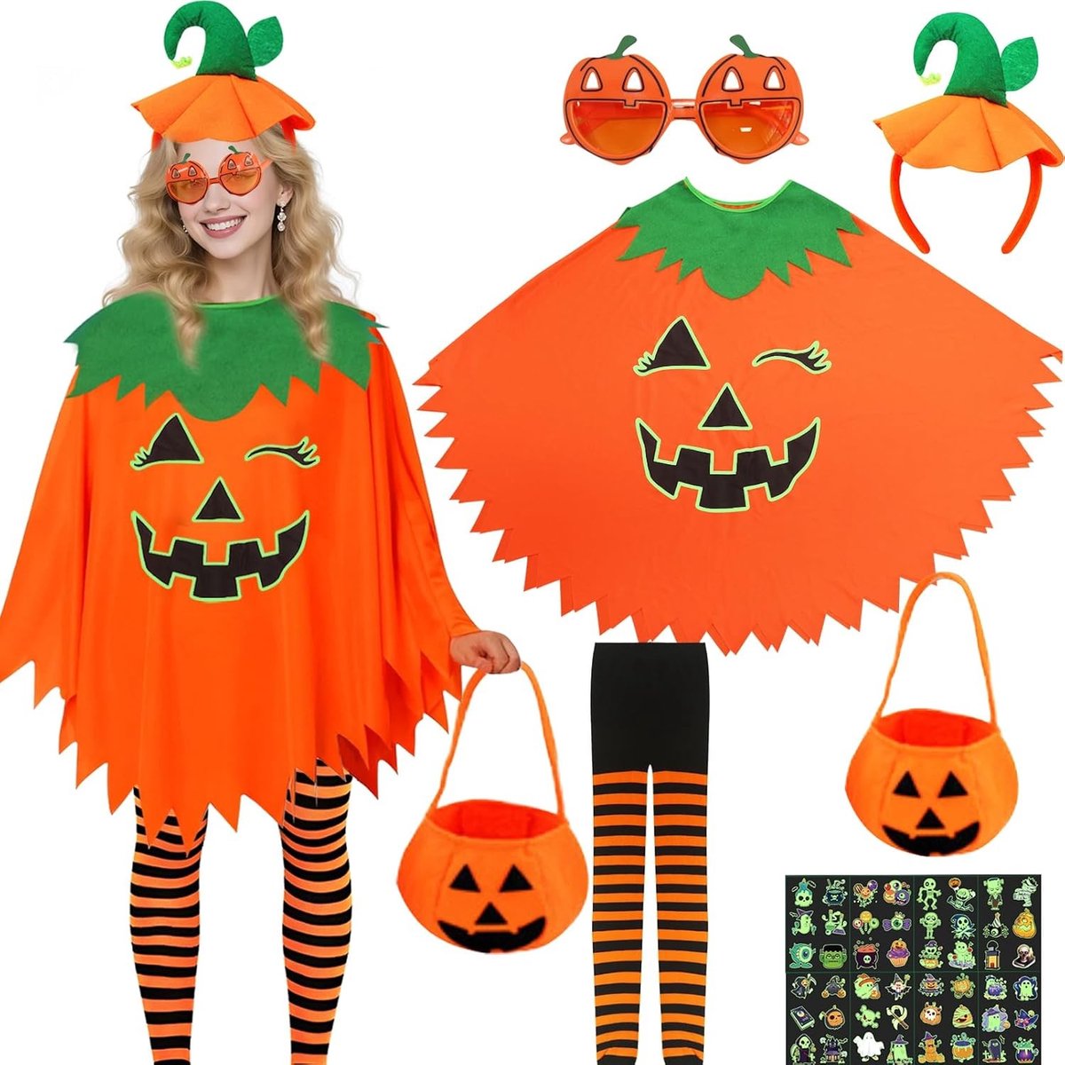 Grappig pompoen kostuum voor dames met pompoenhoed, snoepzak, bril en cape voor Halloween en carnaval, perfect voor feesten en cosplay