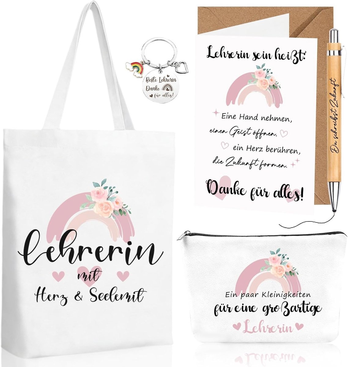 5-delige cadeauset voor leraren met canvas tas, cosmeticatas, sleutelhanger en balpen, perfect afscheidscadeau voor kleuterschool en dankbetuiging