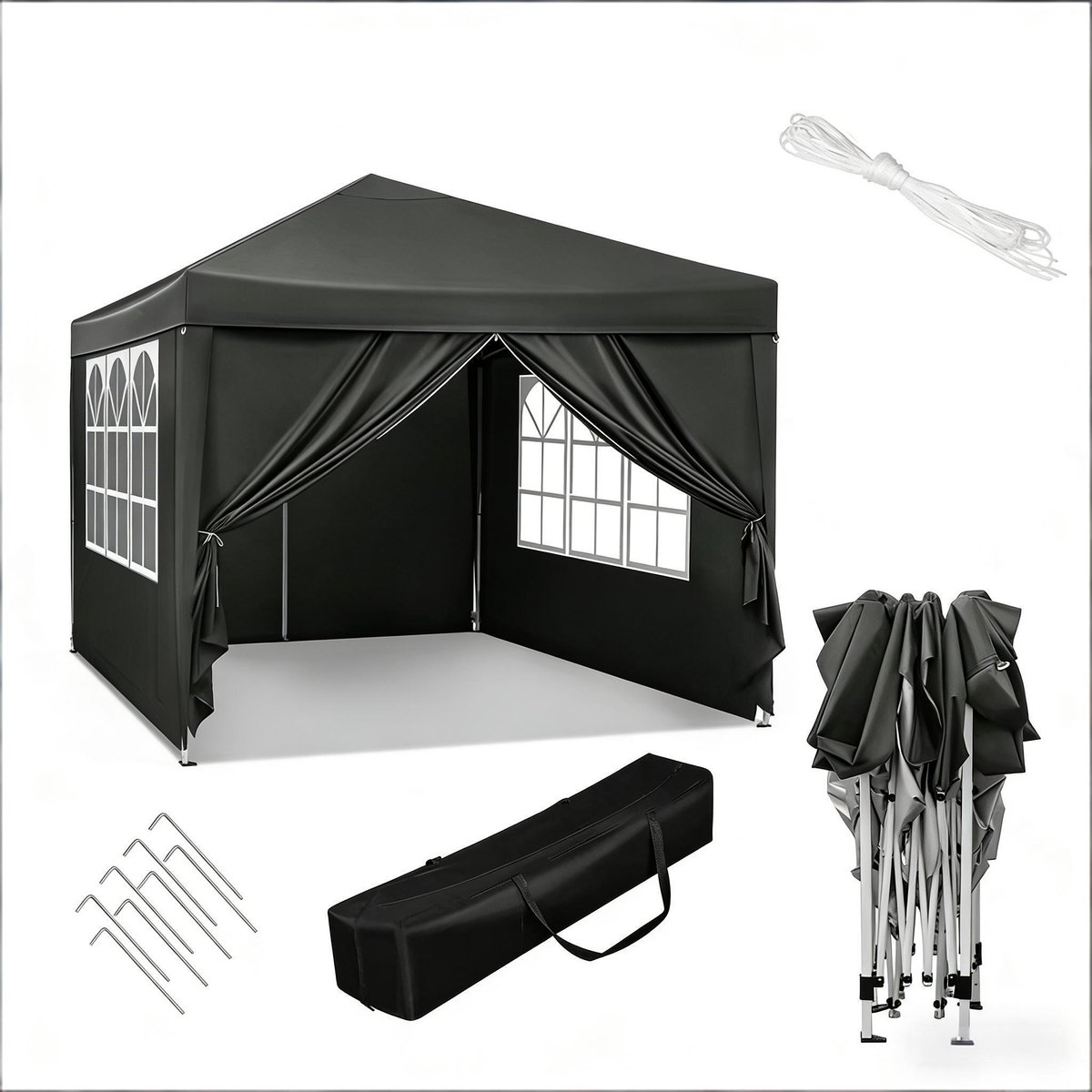 Tuinhuisje 3x3 m met 4 zijwanden - pop-up opvouwbare tent - waterdichte en UV-bestendige tent - tent met draagtas - zwart