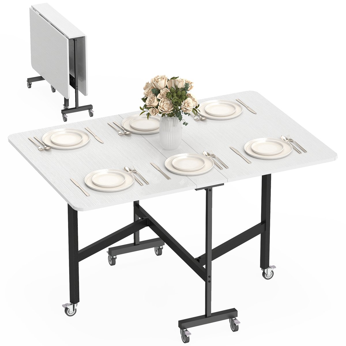 Homcom Inklapbare Eettafel-Spaanplaat, staal-120L x 80B x 73H cm-Wit