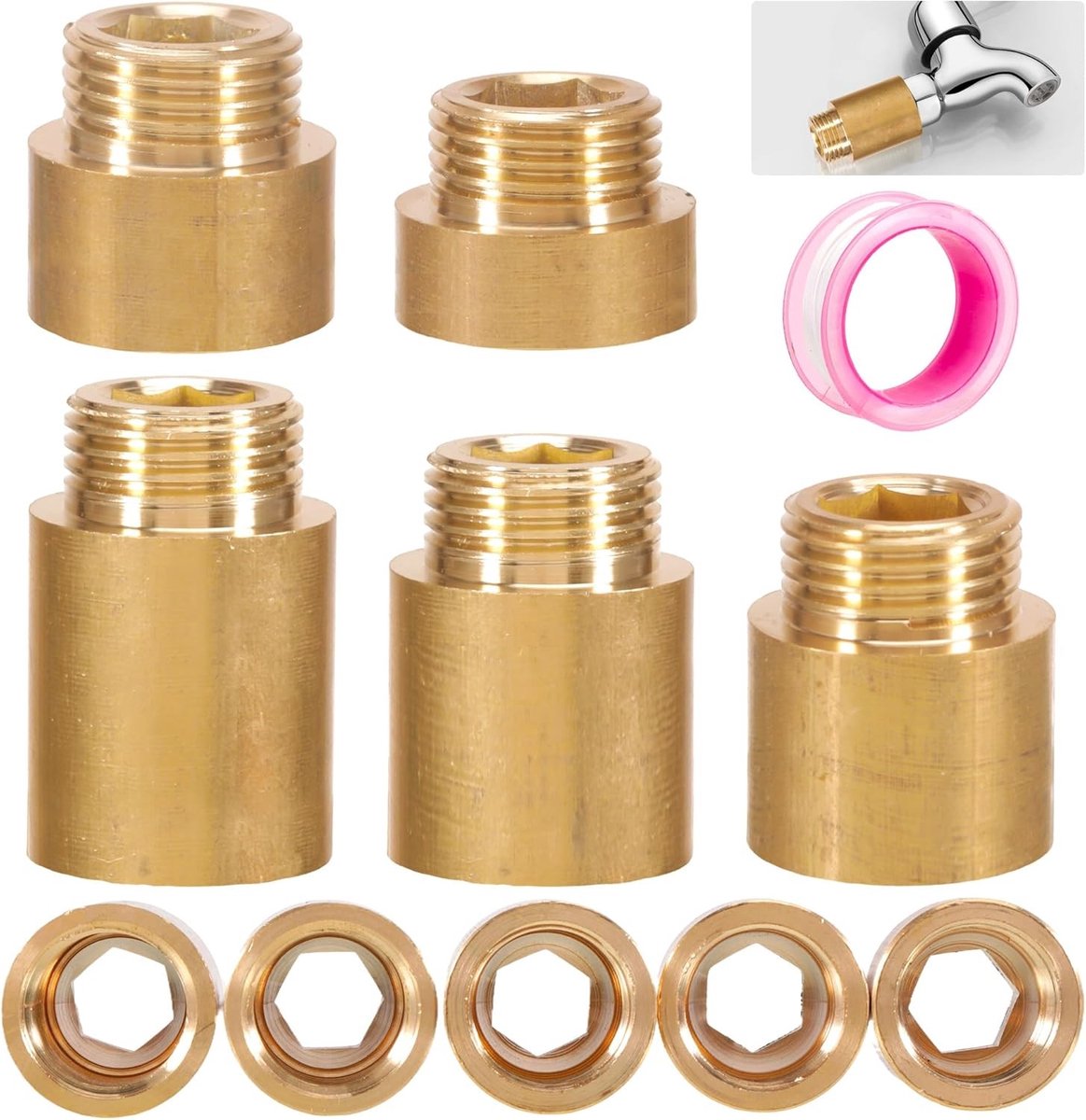 Set van 5 Messing Kraanverlengstukken 1/2 Inch met Sealing Tape voor Tapes en Hoekkranen - 10mm/15mm/20mm/25mm/30mm Verlengstukken