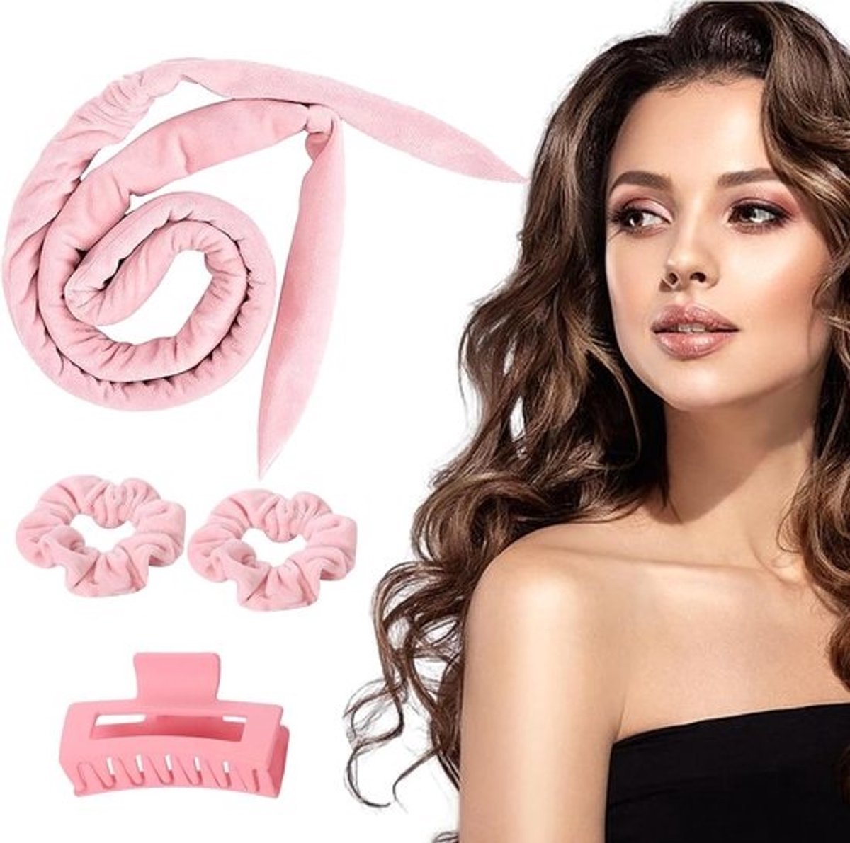 Krulspelden voor Lang Haar - Nachtelijke Haar Krulset zonder Hitte - Grote Krullen - Verscheidene Haartypes - Roze