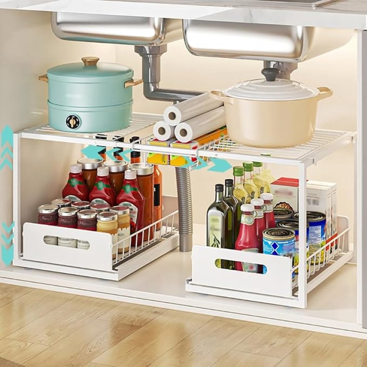 Verstelbare Onderkast Organizer met 2 Uittrekbare Laden, Wit, 65-75 cm