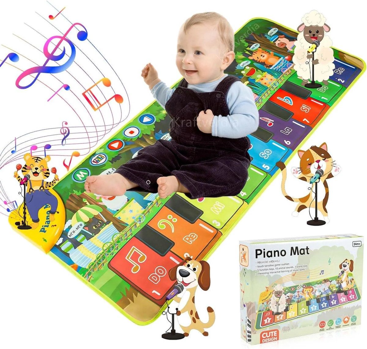 Muziekmat - Kinderspeelgoed - Dansmat - Pianomat - 10 schattige dierengeluidseffecten - Dierentrein - 1 jaar - 2 jaar - 3 jaar - Voor Kinderen - Speelgoedcadeaus geschikt voor jongens en meisjes - 110x43 cm - Sensorisch muzikaal speelgoed voor baby's