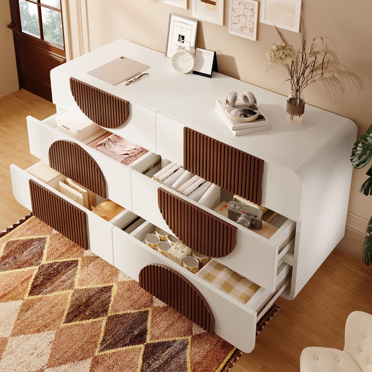 Wishdor Kommode met 6 lades - Gebogen fronten en stille geleiders - Dichte opbergkast met anti-kantelbeveiliging - Voor woonkamer hal slaapkamer - MDF en hout - Wit - 121 x 41 x 71 cm