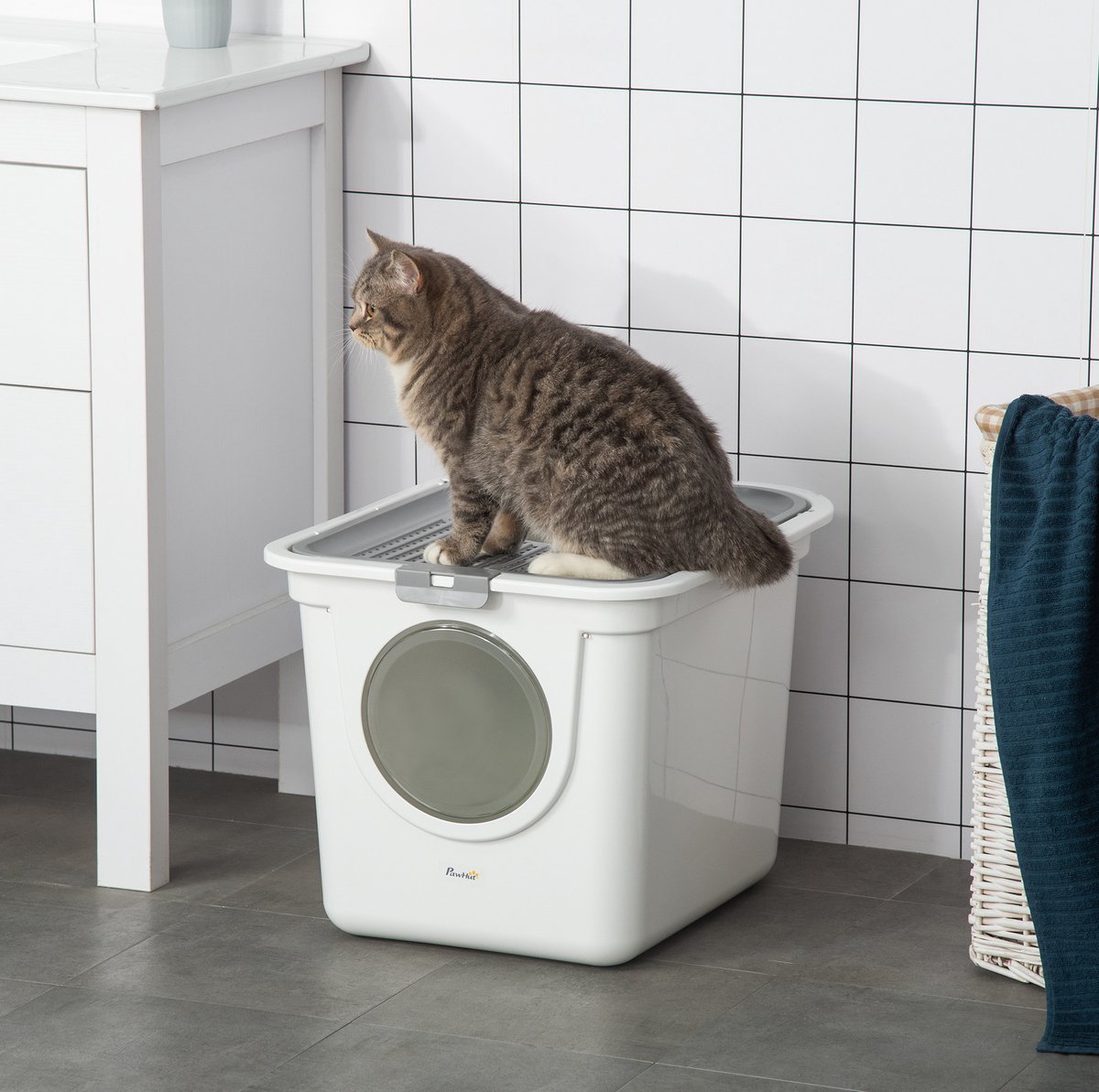 REDOM - Kattenbak - Gesloten met deksel - Dubbele deur en bovenuitgang - Met schep en sifplaat - Kunststof - Wit - 44 x 55 x 39 cm