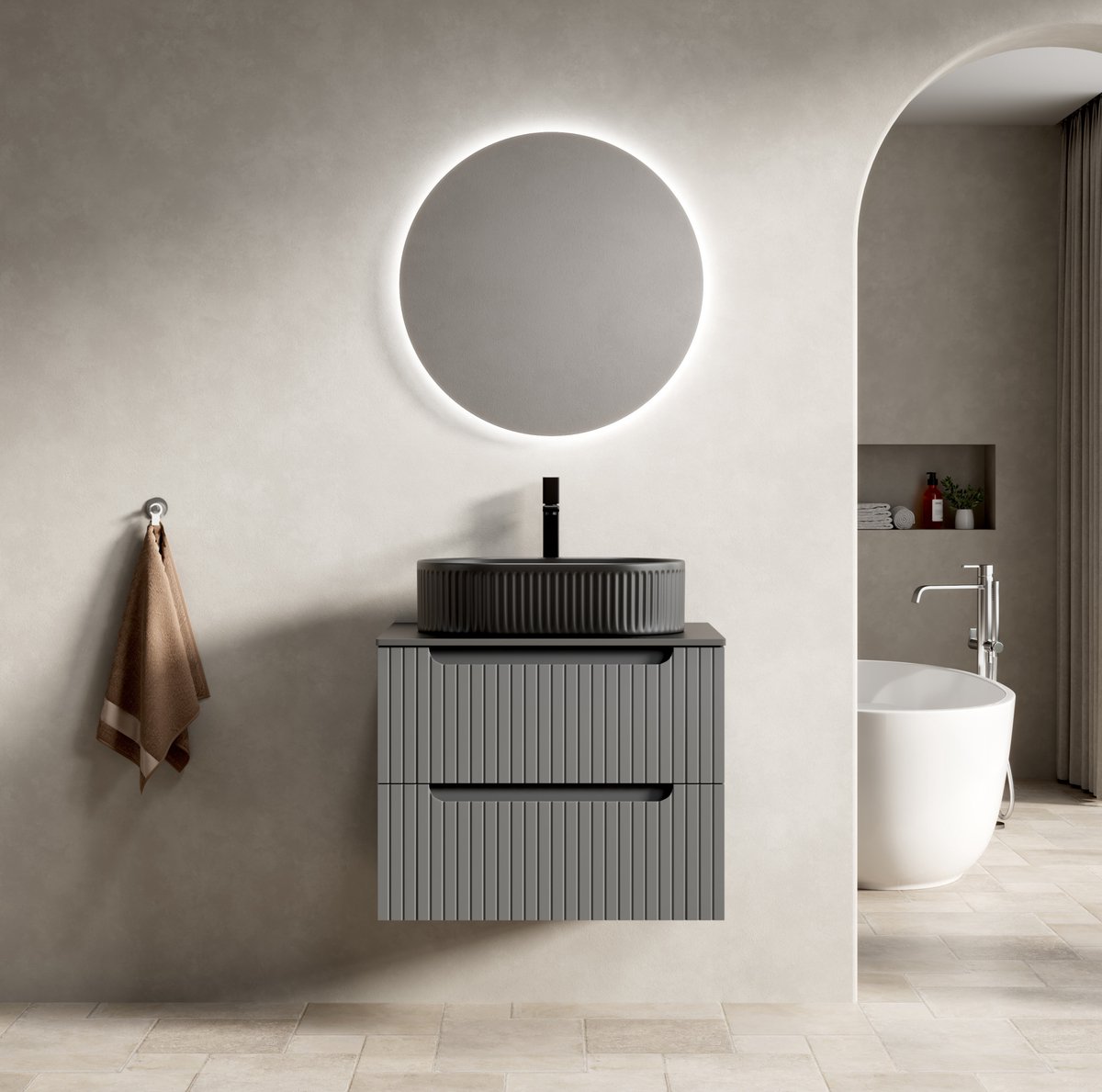 OKWISH Badkamermeubel - Hangend Wastafelmeubel Met Opbouwkom - 60 x 46 x 62,2 cm - 2 Lades - Soft-Close - Keramiek En Sintersteen - Donkergrijs