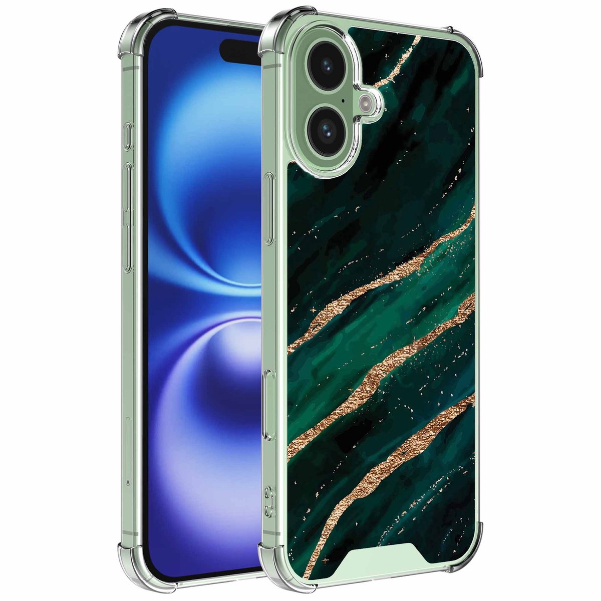 Smartphonica Geschikt voor iPhone 16 Telefoonhoesje met Goud Groen Marmer opdruk - Draadloos op te laden - Shockproof Siliconen TPU Strong Case - Sterk Schokbestendig Telefoonhoesje geschikt voor iPhone 16