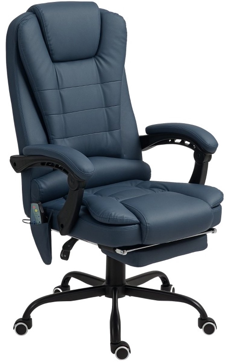 REDOM - Bureaustoel - 7 vibratiepunten - Verstelbare rugleuning en uitschuifbare voetsteun - 360° draaibaar met wielen - Kunstleer - Blauw - 67 x 67 x 111-121 cm