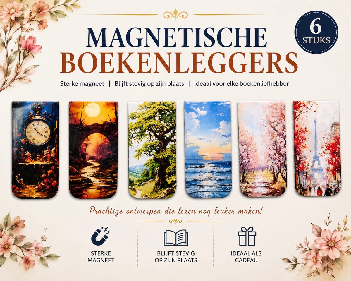 Viwado Magnetische Boekenleggers 6 Stuks – Magnetische Bladwijzers Set – Sterke Magneet – Natuur, Landschap, Zee, Bloesem & Parijs – Boekenlegger Cadeau voor Boekenliefhebbers
