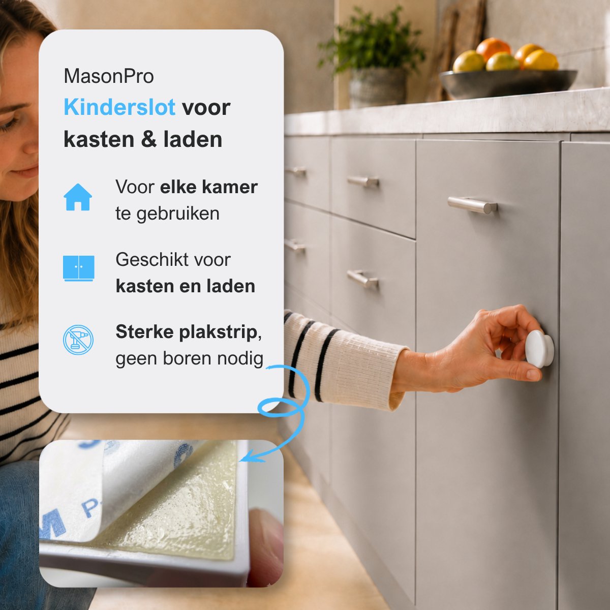 MasonPro Magnetisch Kinderslot Kastjes - Kastbeveiliging voor Kinderen - Kinderbeveiliging voor Kasten en Lades - Kinderslot Kast - Kinderveiligheid - Kastsloten Baby - Deurbeveiliging Kinderen - Zonder Boren & Schroeven - 4 Stuks - Wit – foto 2