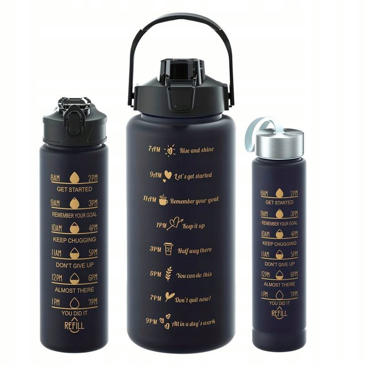 Set van 3 Motiverende Waterflessen met Maatbeker - 2L, 900ml, 300ml