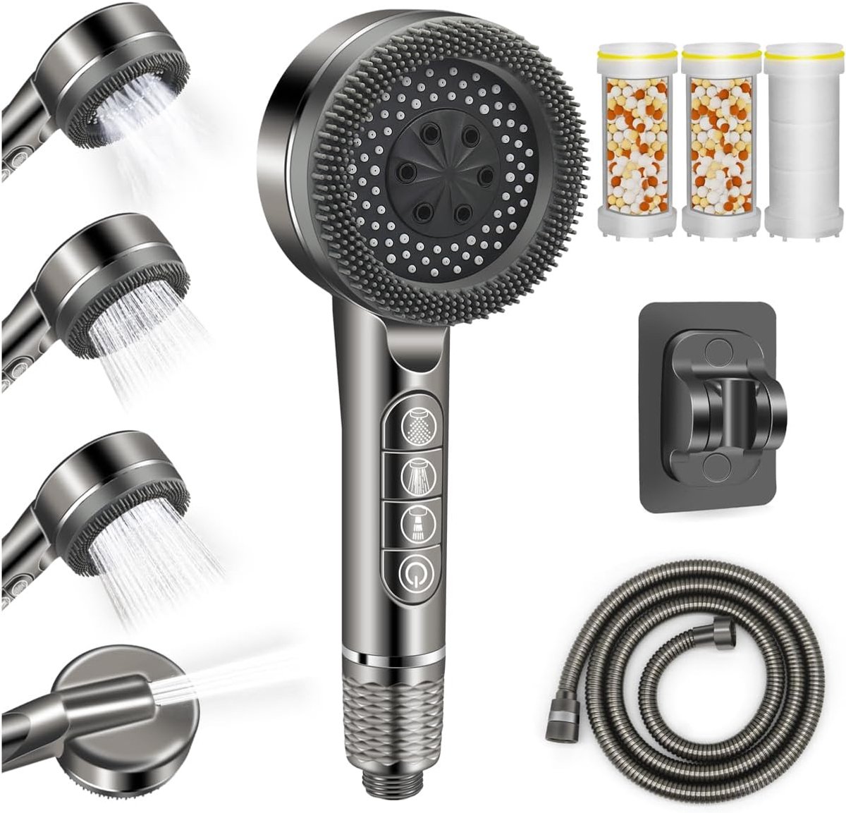 casalora - Douchekop met slang en wandhouder - Doucheset met filter - Handdouche regendouche - Hoge druk - Waterbesparende - 4 Sproeistanden - Wellness - Betere Huid - Grijs