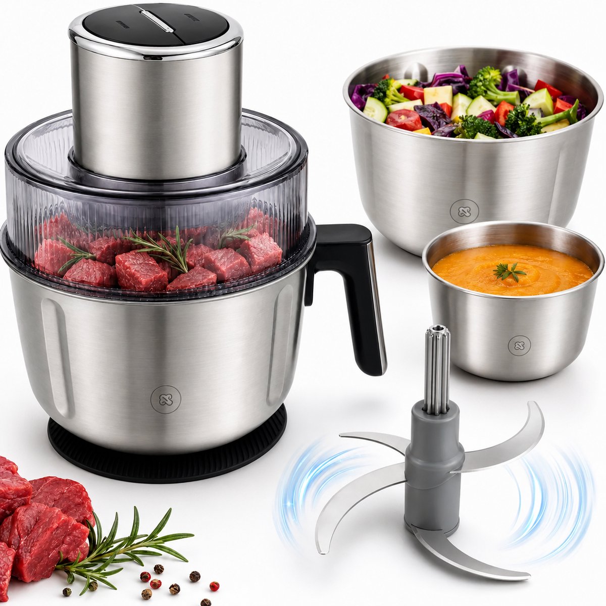 Elektrische Hakmolen 350W – Foodprocessor met 3 RVS Kommen – 2 Snelheden – 2,5L – Voor Vlees & Groenten