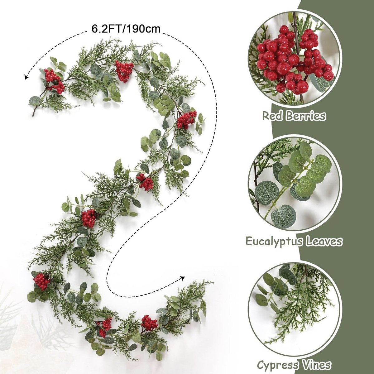 Kerstslinger 190 cm met Dennennaalden, Eucalyptus & Rode Bessen - Soepele Kerstguirlande voor Binnen & Buiten - Kerstdecoratie – foto 5
